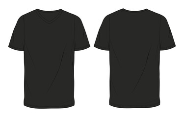 Fototapeta premium Short sleeve T shirt Technical Fashion flat sketch vector illustration Black color template front and back views. Clothing design mock up for men's isolated on white background.