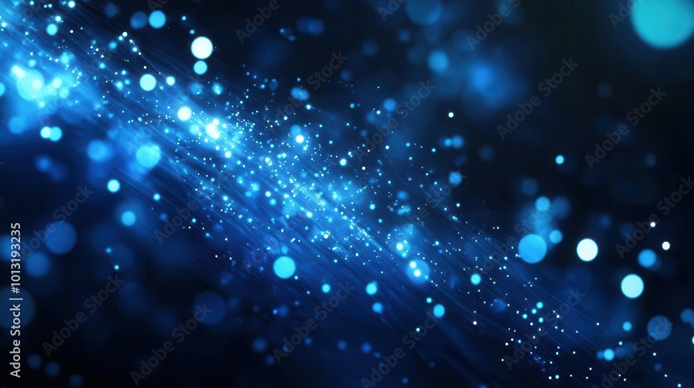 Poster blue and white particles form a flowing data stream, moving through a dark space with light trails s
