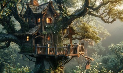 Obraz premium Enchanted treehouse in a magical forest, 4K hyperrealistic photo.