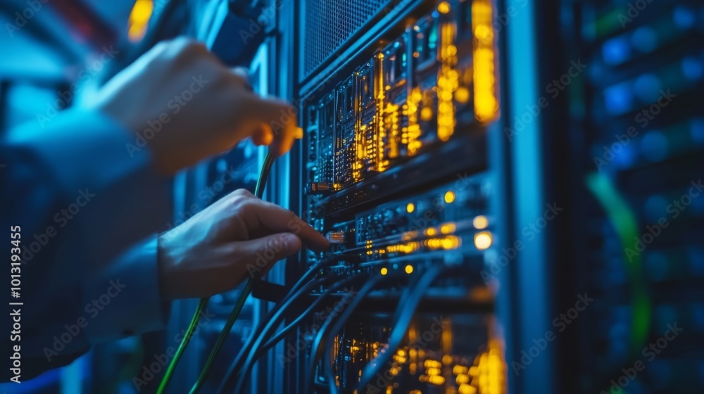 Poster a close-up of hands adjusting server connections, with glowing lights, emphasizing the intricate det