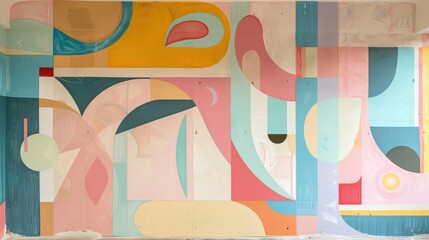 Vibrant wall mural featuring large shapes in soft pastel colors, creating an inviting and playful atmosphere in any space