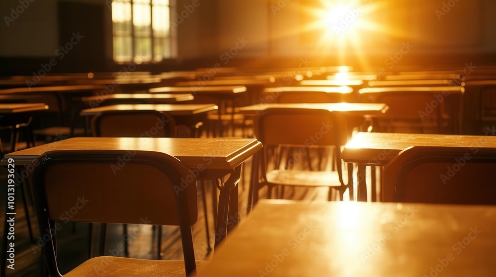 Poster the empty classroom interior with classic wooden desks lined up in rows, sunlight illuminating the s
