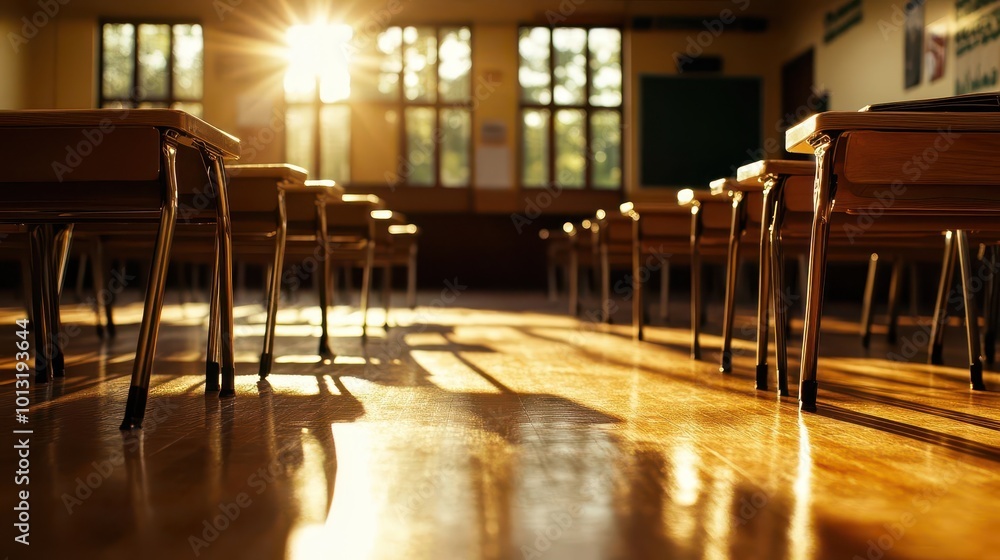 Poster an empty classroom interior with classic wooden desks lined up in rows, sunlight illuminating the sp