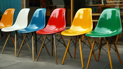 Kolekcja retro plastikowych krzeseł, które przyciągają wzrok swoim nietypowym wzornictwem i kolorami.