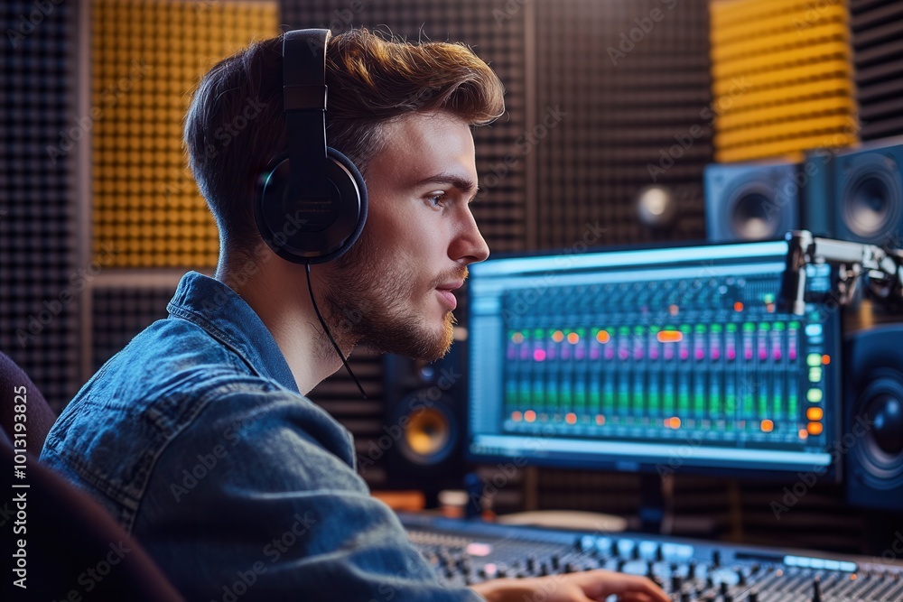 Poster the podcaster focuses intently while recording, surrounded by advanced audio technology and soundpro