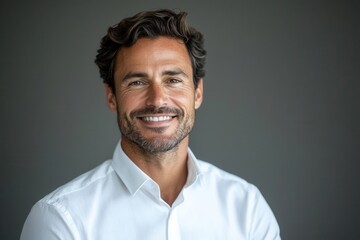 Obraz premium The smiling businessman in a crisp white shirt, looking directly at the camera, against a neutral background with generous copy space