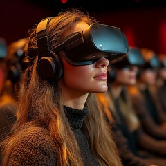 Immersive Experience: A captivated audience enjoys a virtual reality cinema premiere, headsets on, lost in the digital world.  A new era of entertainment unfolds.