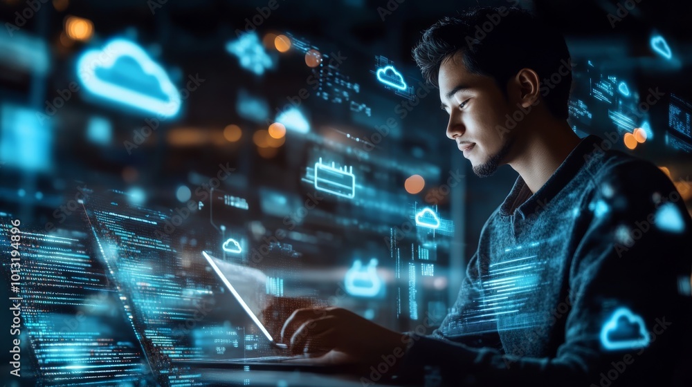 Poster a focused individual interacts with a tablet amidst a digital cloud of data, emphasizing technology 