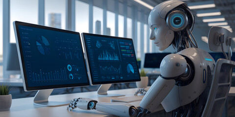Futuristic Humanoid in Digital Workspace