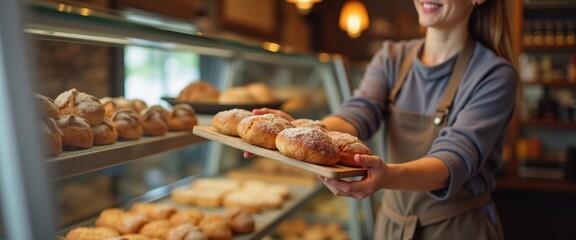 A smiling baker holds up a warm, crusty loaf of bread in a charming bakery filled with various baked goods. The atmosphere is inviting, highlighting morning freshness. Generative AI