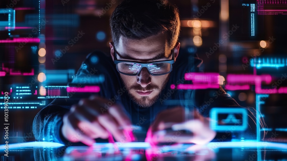 Poster a focused individual in augmented reality glasses interacts with holographic digital data and code, 