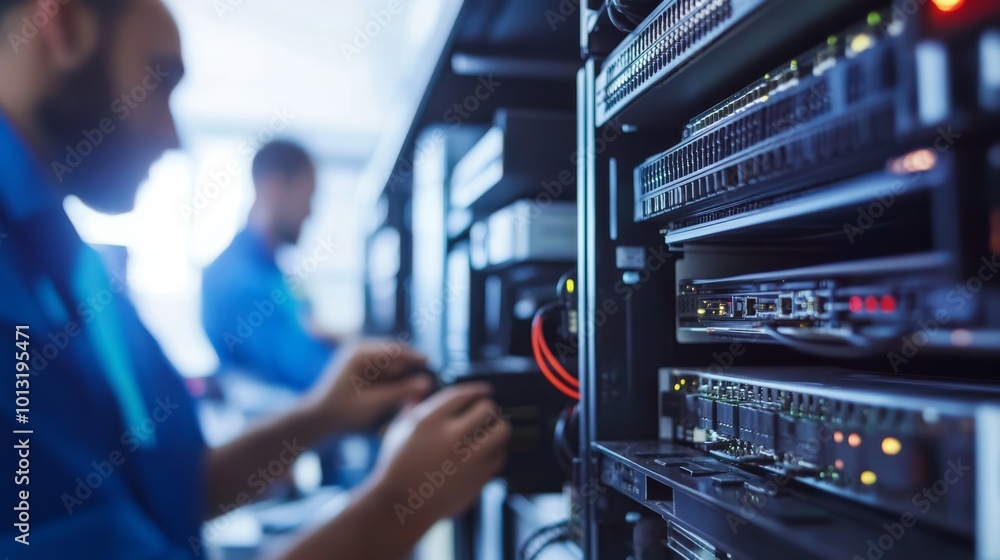 Poster a technician manages server equipment in a data center, ensuring efficient operation and connectivit