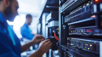 A technician manages server equipment in a data center, ensuring efficient operation and connectivity.