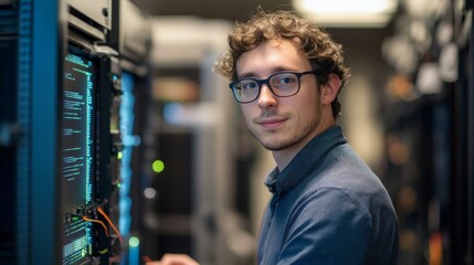 A focused young man works on server racks in a data center, surrounded by technology and glowing screens.