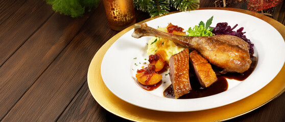 Roasted Christmas Goose on a golden Plate with Christmas Decoration