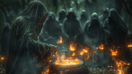 Halloween, the spookiest day of the year. A scene of a coven of witches brewing a magical potion in a cauldron, their figures shrouded in darkness, their faces illuminated by the flickering flames.