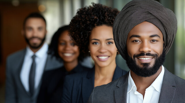 A diverse group of professionals standing together, each representing different cultures, united by their commitment to teamwork and innovation. The background subtly reflects thei