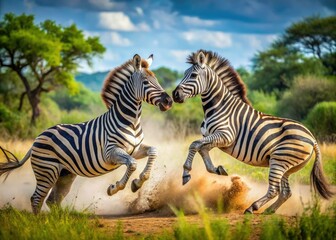 Obraz premium In the sprawling savanna of Kruger National Park, South Africa, Burchell's zebras engage in a dynamic display of wildlife action amid their natural surroundings.