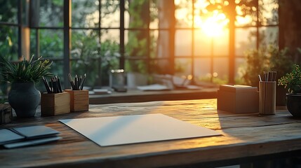 Fototapeta premium Golden hour illuminates a rustic wooden desk, showcasing stationery, plants, and a blank card—perfect for design inspiration or a peaceful workspace aesthetic.