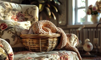 Obraz premium Knitting basket on the armchair, 4K hyperrealistic photo
