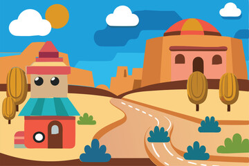 Road near Small cozy town  Landscape in desert stones and rocks cliffs   Flat design Vector illustration.  