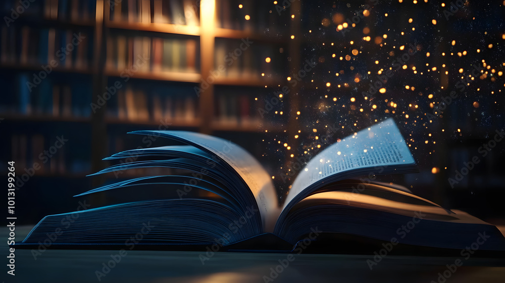 Aufkleber open book on table in library and bookshelf background