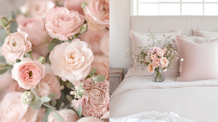 Bed with a pink floral arrangement and a white pillow