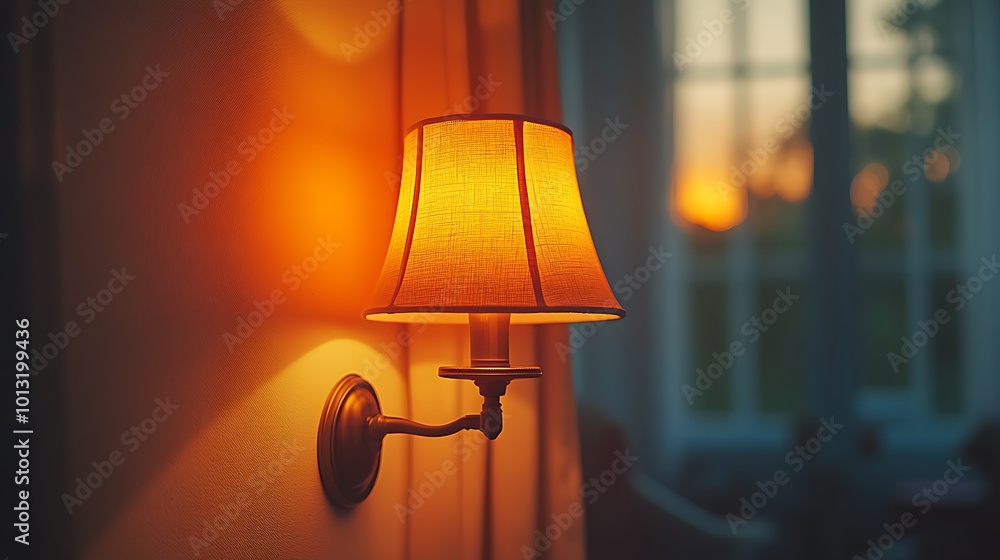 Poster a warm light shines from a wall-mounted lamp with a fabric shade in a room with a window.