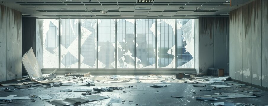 Deserted office building with shattered windows and scattered papers, 4K hyperrealistic photo,