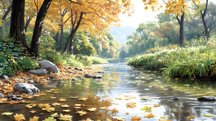 Obraz premium Chinese ancient river with Maple trees forest