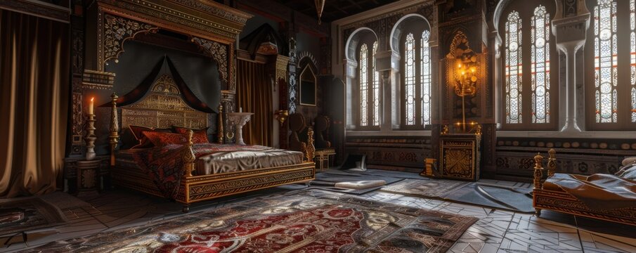 Grand medieval prince's room with an intricately designed bed and luxurious textiles, 4K hyperrealistic photo