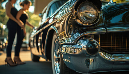 Naklejka premium Shoot people standing next to or leaning on classic cars, using the reflections in the polished metal to add dimension