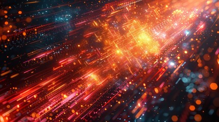 Obraz premium Abstract digital background with glowing lines and particles in red, orange, and blue.