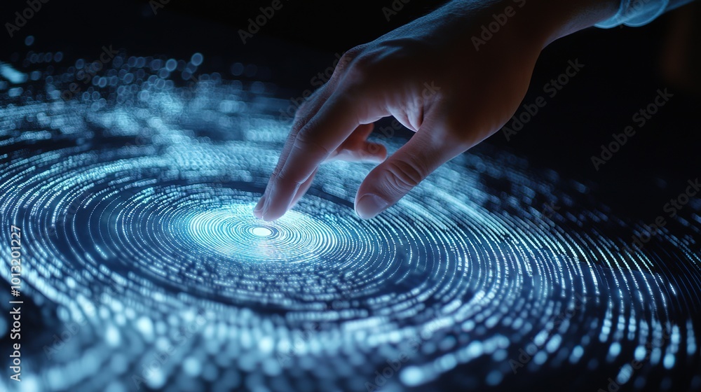 Poster hand touching a spinning data flow, data flow processing visualization background