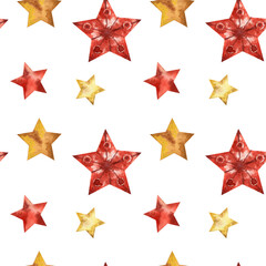 Obraz premium Seamless pattern of red and gold watercolor star isolated on white background. Festive symbol, traditional decorative element. Watercolor hand drawn illustration.
