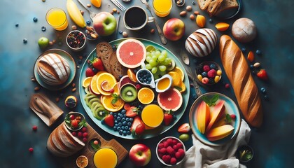 Healthy and fresh fruits and tasty food on a table
