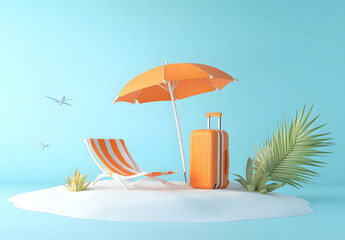 Obraz premium 3D rendering of a summer vacation background with a beach umbrella, chair, and luggage on a white sand island design. Travel concept. Cartoon illustration design