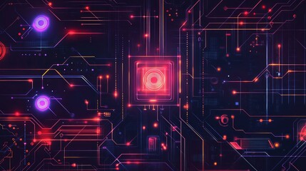 Fototapeta premium Abstract digital circuit board with glowing red and blue lines and a central processor.