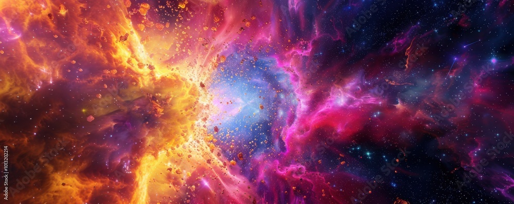 Poster pulsating conical explosion in deep space, vibrant colors and cosmic particles, 4k hyperrealistic ph