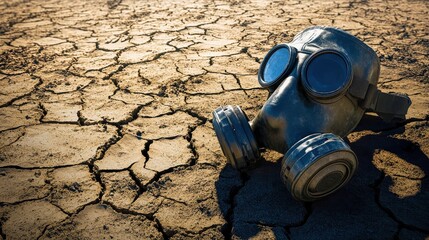 Abandoned gas mask on cracked dry earth in harsh desert environment