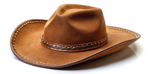 Stylish brown cowboy hat, perfectly isolated on white, great for enhancing western fashion, costumes, and accessories. Elevate your projects with this iconic piece today.
