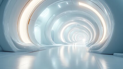 Obraz premium Futuristic white tunnel with glowing lights and reflective floor.