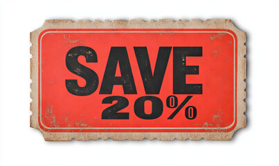 Red vintage-style discount coupon with bold "Save 20%" text, ideal for promoting sales, special offers, and discounts.
