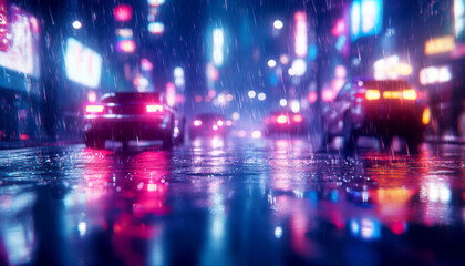 Fototapeta premium Cars driving on a rainy night, illuminated cityscape with vibrant neon lights.