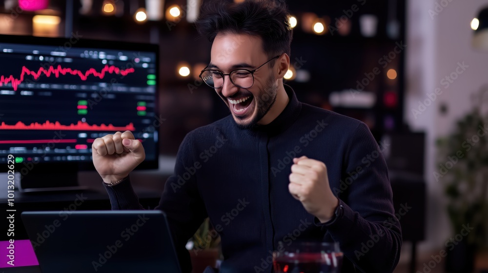 Aufkleber excited trader celebrating success in forex market with computer and trading charts in modern office