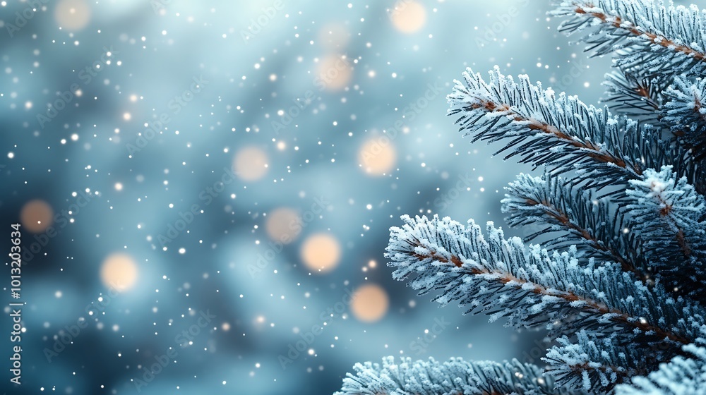 Poster close-up of a snow-covered pine branch with bokeh lights in the background.