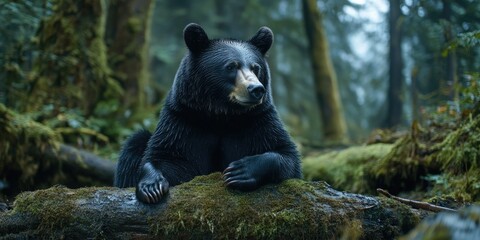 Obraz premium Black Bear on Mossy Log