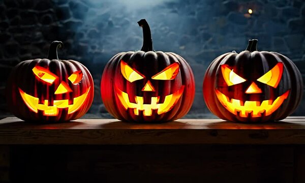 Scary glowing carved halloween pumpkin lanterns, Jack O' Lanterns, on a wooden product display bench on a scary halloween night with a dark stone wall background lit from above