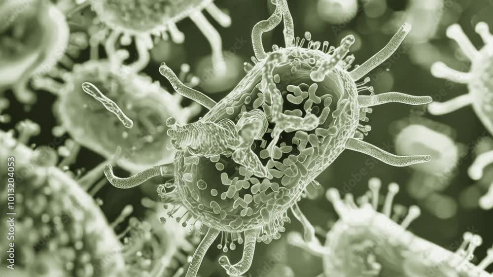 Poster close-up view of bacteria cells in a microscopic environment highlighting intricate structures