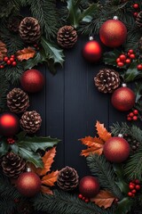 A festive arrangement of Christmas ornaments, pinecones, and foliage on a dark wooden background.